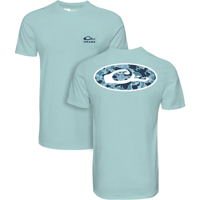 Old School Oval T-Shirt featuring a front chest pocket with Drake wave logo and a back oval graphic with blue camouflage pattern and Drake branding.