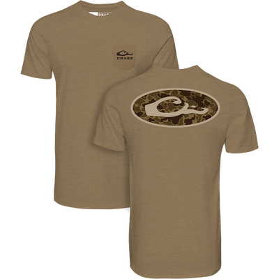 Two olive-tan Drake Old School Oval T-Shirts, featuring a chest pocket logo and a large back camo-patterned Drake emblem.