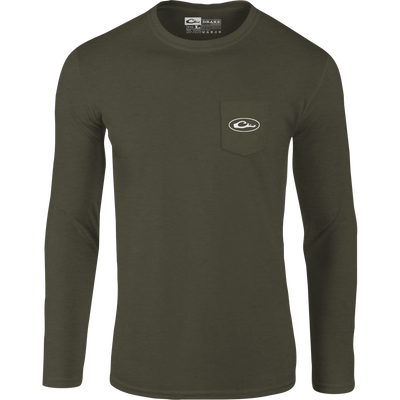 Americana Badge Long Sleeve T-Shirt with front pocket featuring Drake logo and Americana badge graphic. Made from 60% cotton, 40% polyester for comfort.