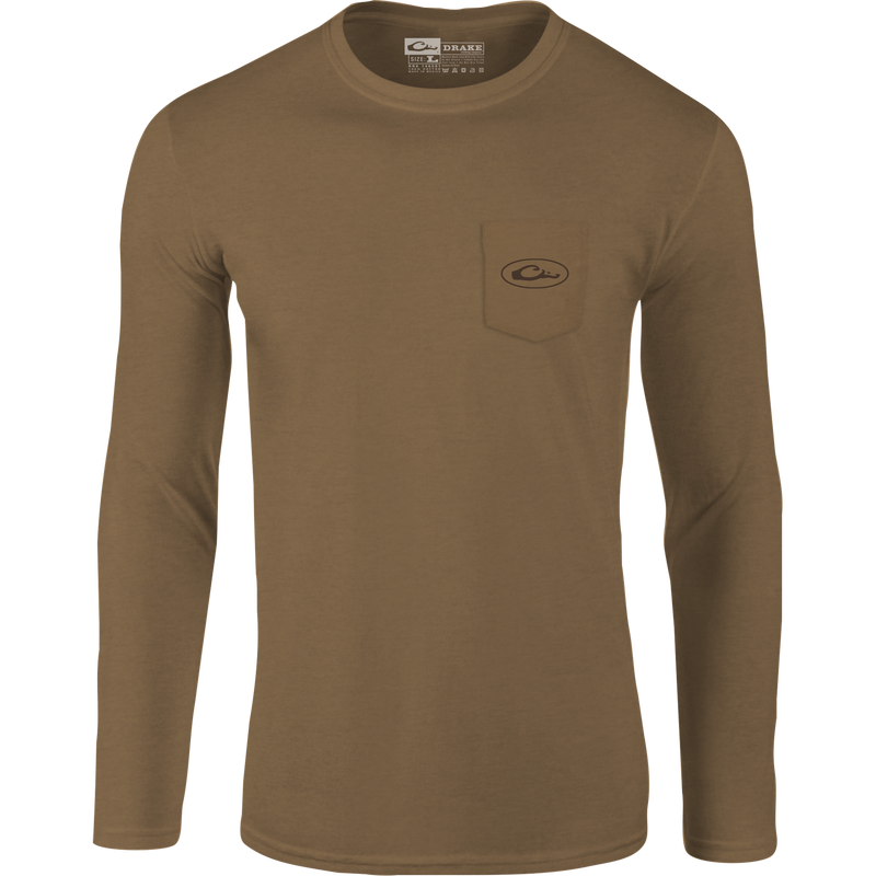 A Circle Mallard Long Sleeve T-Shirt with a front pocket featuring a Drake logo and a classic Mallard from the Vintage Drakes Series.