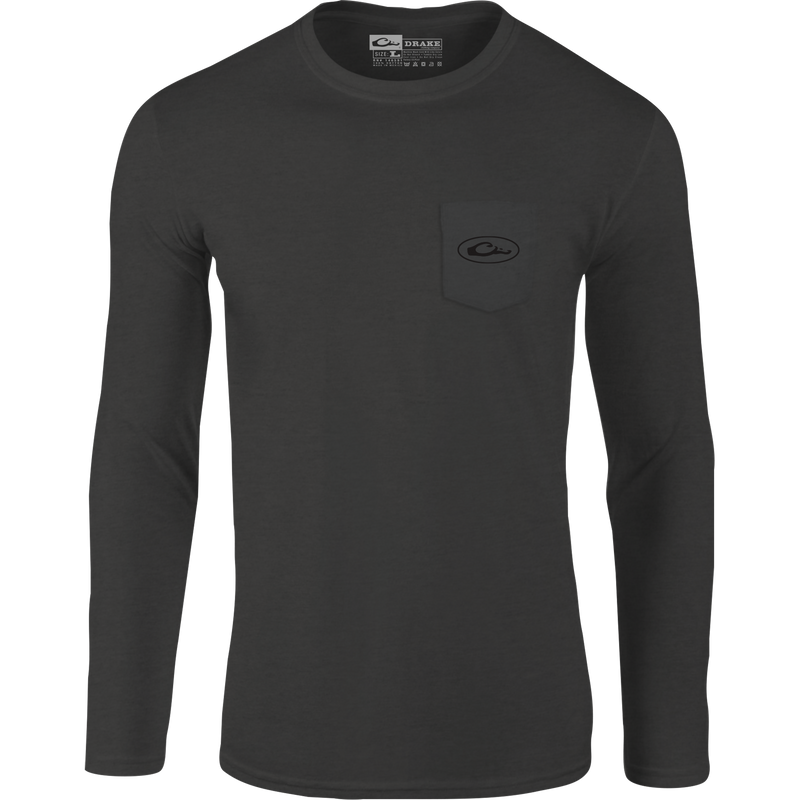 A black long sleeve shirt with a pocket featuring the Drake Waterfowl logo.