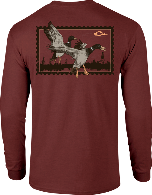 Sunset Flight Long Sleeve T-Shirt featuring Drake logo pocket and Vintage Drakes Series twilight scene. Ideal for hunting and casual wear.