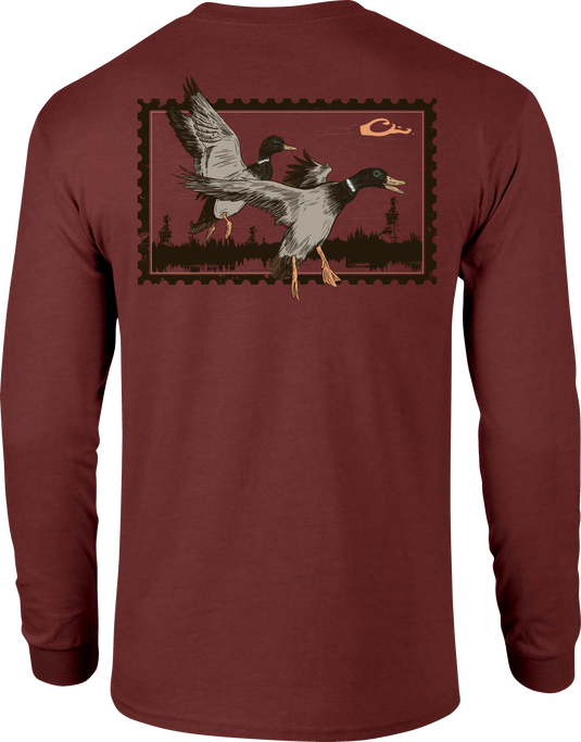 Sunset Flight Long Sleeve T-Shirt featuring Drake logo pocket and Vintage Drakes Series twilight scene. Ideal for hunting and casual wear.