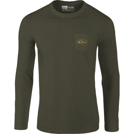 Sunset Flight Long Sleeve T-Shirt featuring a Drake logo pocket, twilight scene graphic from Vintage Drakes Series. Cotton/polyester blend, lightweight at 180 GSM. Ideal for hunting and casual wear.