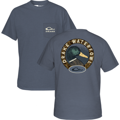 Mallard Circle T-Shirt featuring a front chest pocket with Drake logo and large mallard duck graphic on back, ideal for comfort and style.