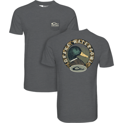 Mallard Circle T-Shirt featuring a small front chest pocket with Drake logo and a large vintage mallard duck design with camo-ring on the back.