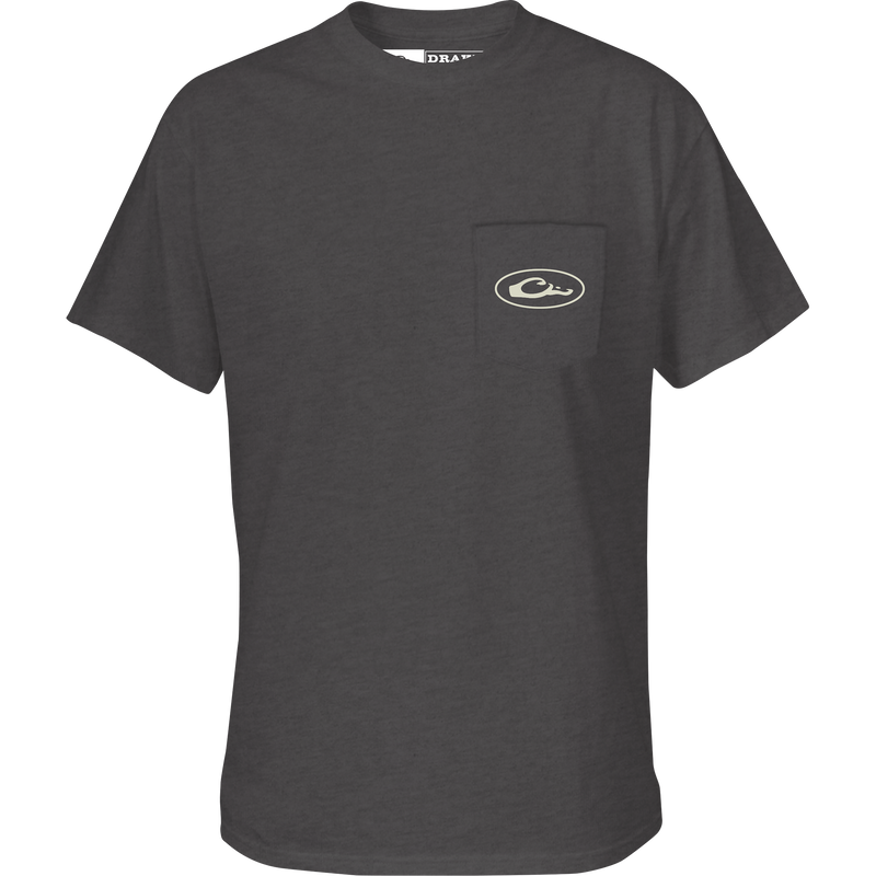 A Shoveler Circle T-Shirt with a front chest pocket featuring the iconic Drake logo.