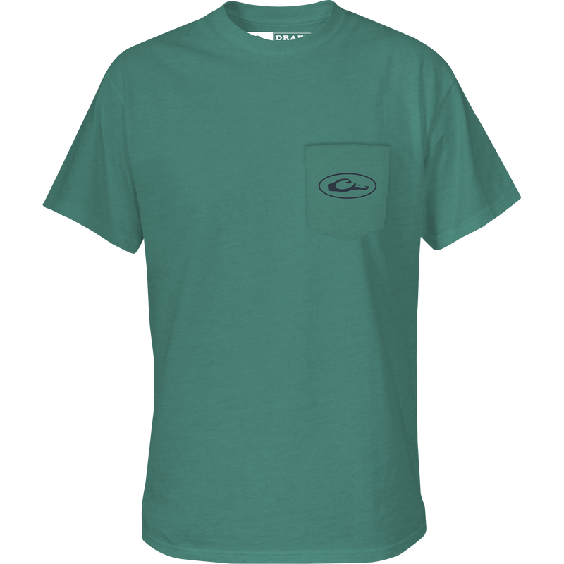 Wood Duck Circle T-Shirt with front chest pocket and Drake logo.