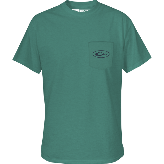 Wood Duck Circle T-Shirt with front chest pocket and Drake logo.