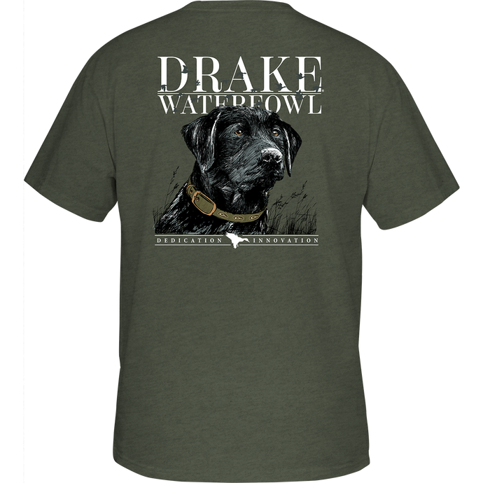 Black Lab Collar T-Shirt showcasing a back view with a dog graphic. Cotton/polyester blend for comfort. Front pocket with Drake logo. Ideal for dog lovers.