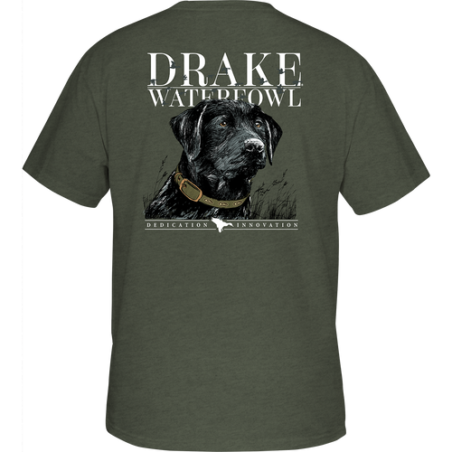 Black Lab Collar T-Shirt showcasing a back view with a dog graphic. Cotton/polyester blend for comfort. Front pocket with Drake logo. Ideal for dog lovers.