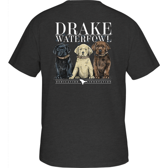 Lab Puppies T-Shirt: A grey shirt with three dogs, one wearing a hat, and another with a brown collar.