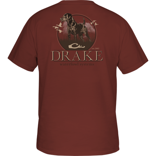 Standing Black Lab T-Shirt featuring a hunting dog amidst grass with flying ducks, Drake logo on front pocket, crafted from a soft cotton-polyester blend.