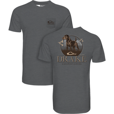 Standing Black Lab T-Shirt featuring a small front pocket logo and large back graphic of a retriever with marsh grass and ducks, made from a soft cotton-polyester blend.
