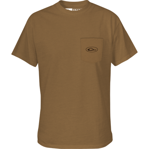 A Drake Waterfowl Standing Black Lab T-Shirt with logo pocket. 60% cotton, 40% polyester blend for softness. Features Drake logo on the front pocket and Lab graphic on the back.