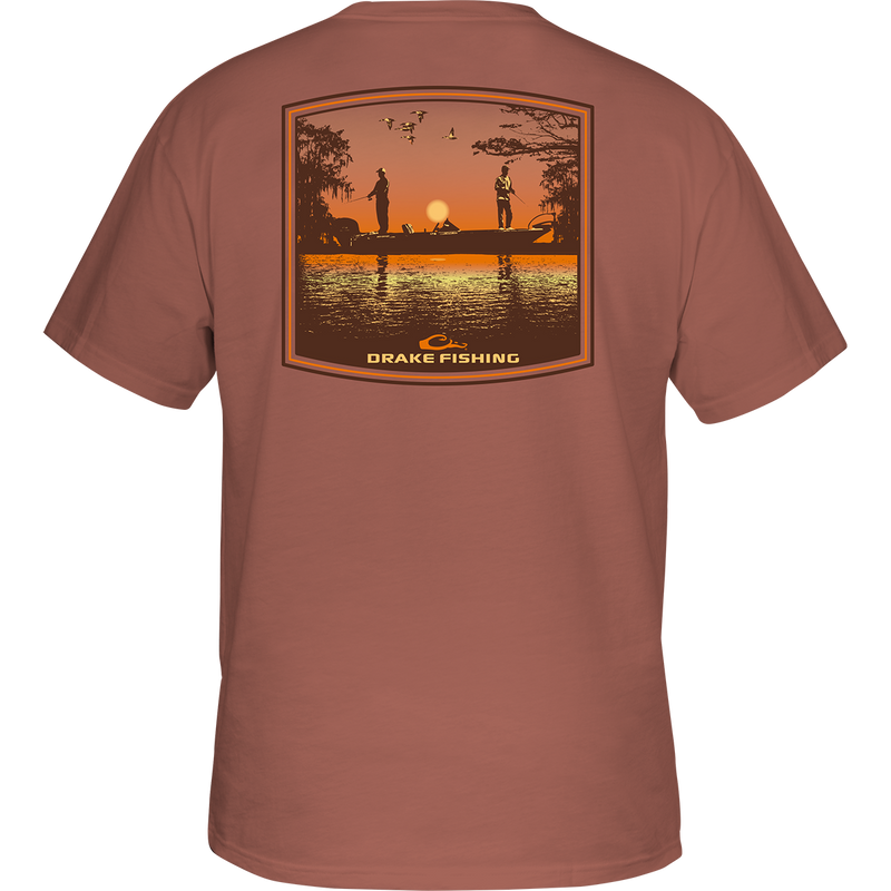 Back of a Bass Fishing Sunset T-Shirt with a group of men fishing on a boat.
