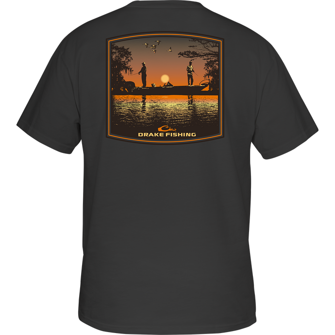 Back of a Bass Fishing Sunset T-Shirt with a man fishing on a boat