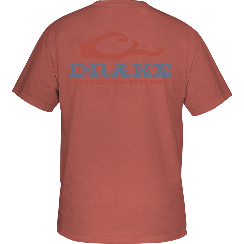 Drake Waterfowl Logo T-Shirt with back design and front chest pocket. Comfortable and durable cotton blend fabric. Perfect for outdoor enthusiasts.