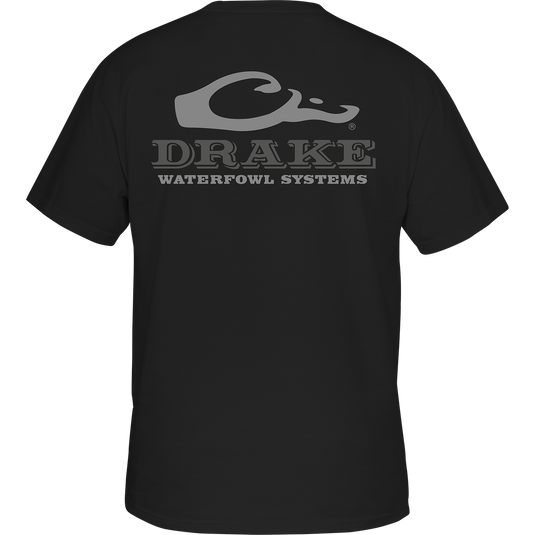 Drake Waterfowl Logo T-Shirt with back view and logo on black shirt