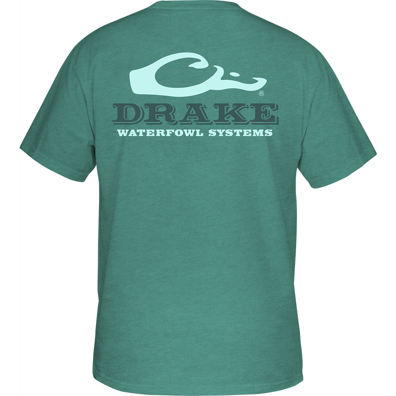 Back of Drake Waterfowl Logo T-Shirt featuring a teal-green design with a stylized duck-head logo and DRAKE WATERFOWL SYSTEMS text.