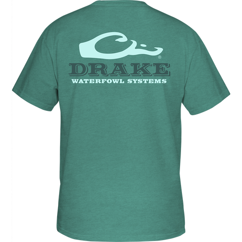 Back of Drake Waterfowl Logo T-Shirt featuring a teal-green design with a stylized duck-head logo and DRAKE WATERFOWL SYSTEMS text.