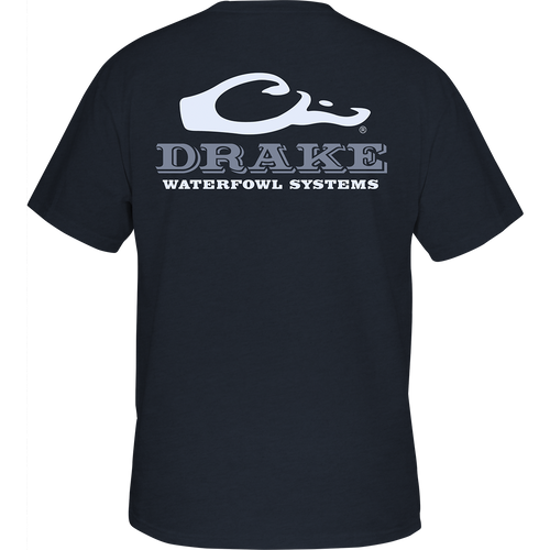 Drake Waterfowl Logo T-Shirt with back view and logo on chest pocket. Cotton blend fabric for comfort and durability. Ideal for outdoor enthusiasts.