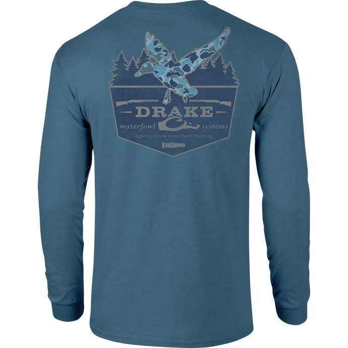A Drake Waterfowl Old School In Flight Long Sleeve T-Shirt featuring ducks in flight from the Old School Camo Series. Cotton-poly blend for softness and comfort. Drake logo on the front pocket.