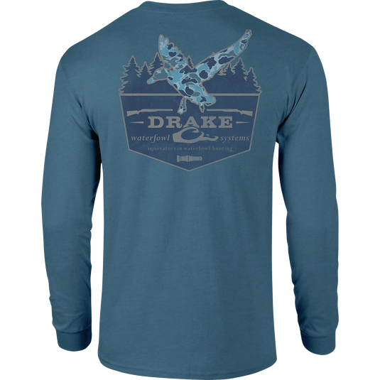 A Drake Waterfowl Old School In Flight Long Sleeve T-Shirt featuring ducks in flight from the Old School Camo Series. Cotton-poly blend for softness and comfort. Drake logo on the front pocket.