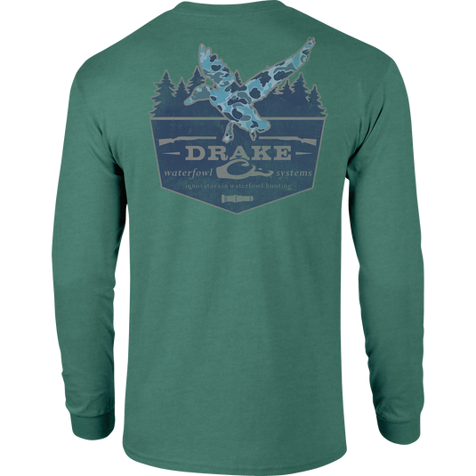 A green long-sleeved tee featuring Drake logo on pocket and ducks in flight from Old School Camo Series. Made of 60% cotton and 40% polyester for comfort.