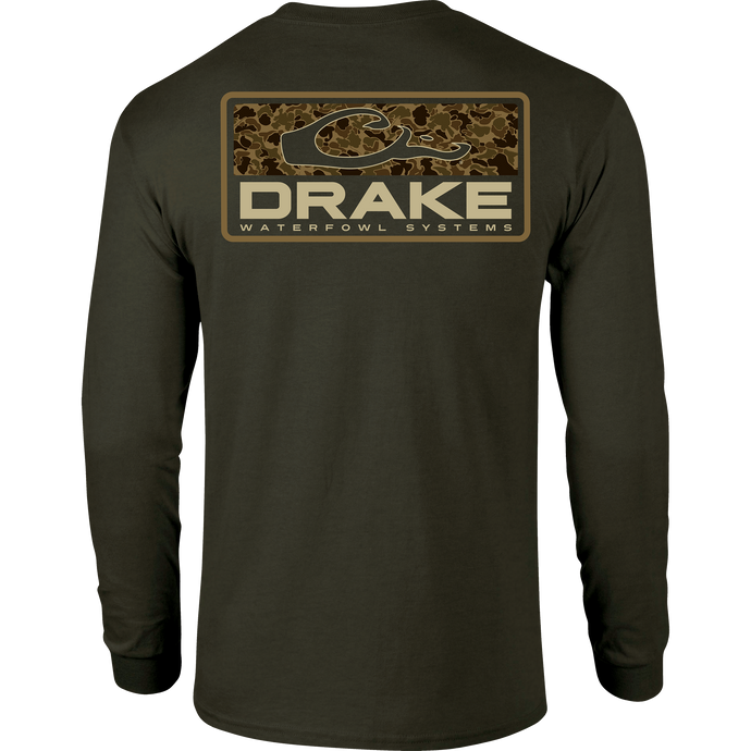 A long-sleeved green shirt featuring the Old School Bar logo from Drake Waterfowl's Camo Series. Cotton-polyester blend for comfort, with a front pocket Drake logo detail.