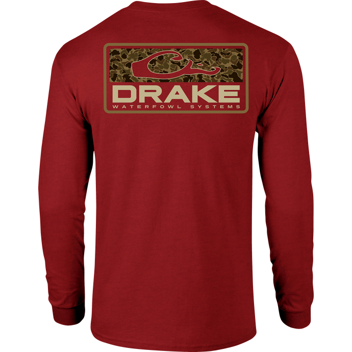 Old School Bar Long Sleeve T-Shirt, featuring a large Drake logo with camouflage background on the back, designed for comfort with a cotton-polyester blend.