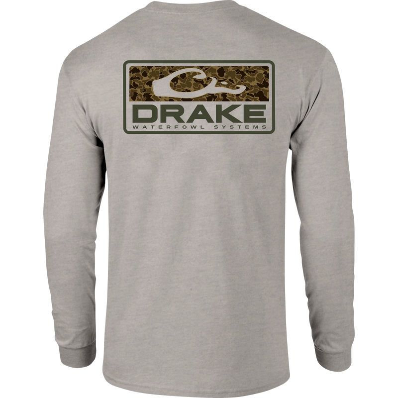 Back view of the Old School Bar Long Sleeve T-Shirt featuring a camo logo with DRAKE WATERFOWL SYSTEMS text across the upper back.