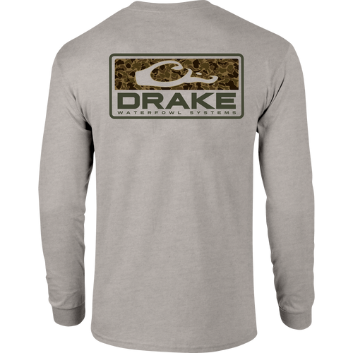 Back view of the Old School Bar Long Sleeve T-Shirt featuring a camo logo with DRAKE WATERFOWL SYSTEMS text across the upper back.