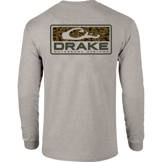 Back view of the Old School Bar Long Sleeve T-Shirt featuring a camo logo with DRAKE WATERFOWL SYSTEMS text across the upper back.