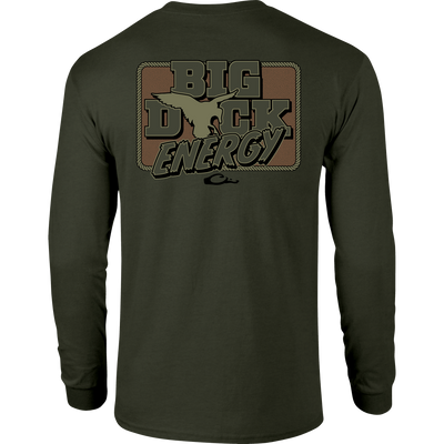 Big Duck Energy Long Sleeve T-Shirt with front pocket Drake logo and back graphic, crafted from a soft cotton-polyester blend for comfort.