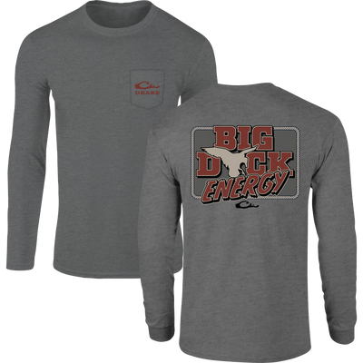 Big Duck Energy Long Sleeve T-Shirt with red Drake logo on chest pocket and bold back graphic featuring BIG DUCK ENERGY and duck silhouette, ideal for outdoor enthusiasts.