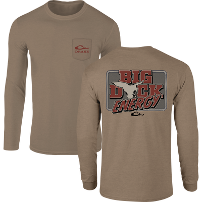 Big Duck Energy Long Sleeve T-Shirt featuring a front pocket Drake logo and a large vintage-style flying duck graphic on the back.