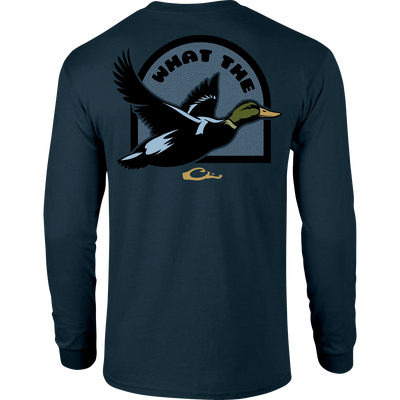 What the Duck Long Sleeve T-Shirt with Drake logo on front pocket and What the Duck graphic on back, providing softness and comfort with a cotton-polyester blend.