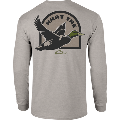 What the Duck Long Sleeve T-Shirt featuring Drake logo on front pocket and graphic on back, made from a soft cotton-polyester blend, perfect for casual wear.