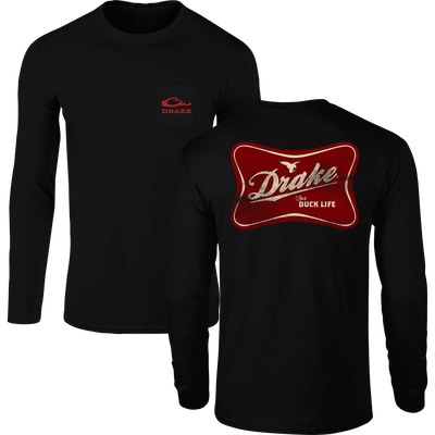 The Drake Life Long Sleeve T-Shirt with front pocket logo and back graphic, blending 60% cotton and 40% polyester for comfort.