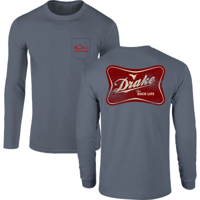 The Drake Life Long Sleeve T-Shirt features a front chest pocket logo and a vintage-style The Duck Life graphic on the back.