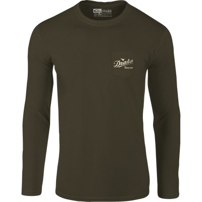Drake Life Long Sleeve T-Shirt, featuring front pocket logo and back duck graphic, crafted from a soft cotton-polyester blend for comfort.