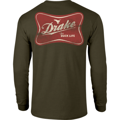 The Drake Life Long Sleeve T-Shirt with front pocket logo and Drake Duck Life graphic on the back, offering softness and comfort with a cotton-polyester blend.