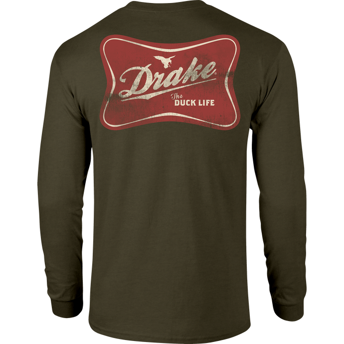The Drake Life Long Sleeve T-Shirt with front pocket logo and Drake Duck Life graphic on the back, offering softness and comfort with a cotton-polyester blend.