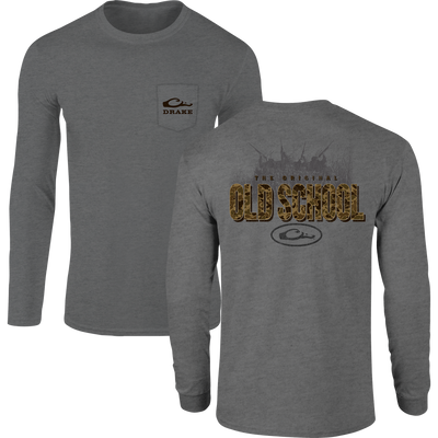 Old School Original Long Sleeve T-Shirt with front chest pocket logo and back camo graphic, blending comfort with signature Drake hunting-inspired style.