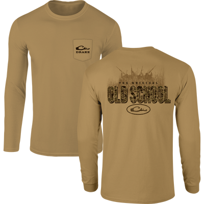 Old School Original Long Sleeve T-Shirt with chest pocket Drake logo; back features OLD SCHOOL camo graphic and marsh vignette, blending comfort with hunting style.