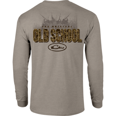 Old School Original Long Sleeve T-Shirt featuring a front pocket with the Drake logo and a large graphic on the back, offering softness and comfort.