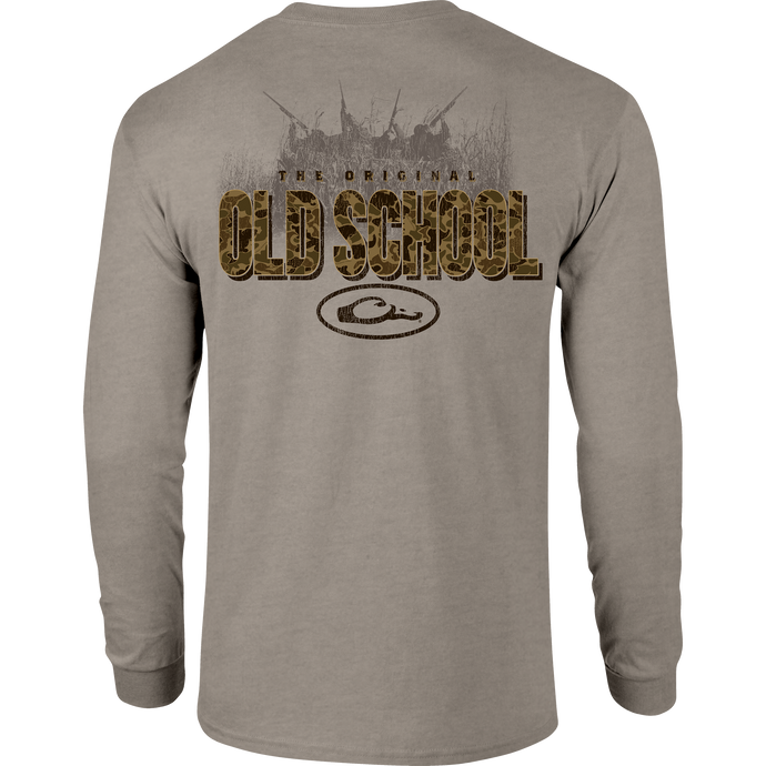 Old School Original Long Sleeve T-Shirt featuring a front pocket with the Drake logo and a large graphic on the back, offering softness and comfort.