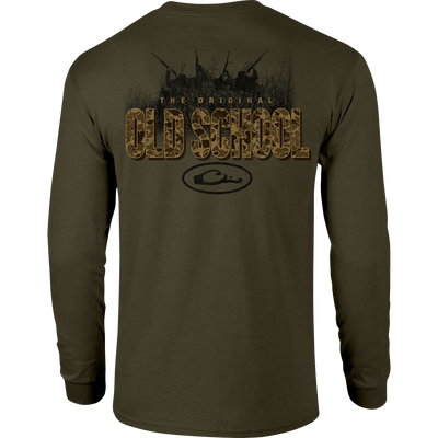 Old School Original Long Sleeve T-Shirt featuring a front pocket with Drake logo and a back graphic, crafted from a soft cotton-polyester blend for comfort.