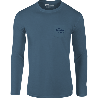 Retro Ringneck Long Sleeve T-Shirt features a front pocket with Drake logo and a retro Ringneck graphic on the back, emphasizing comfort and style.